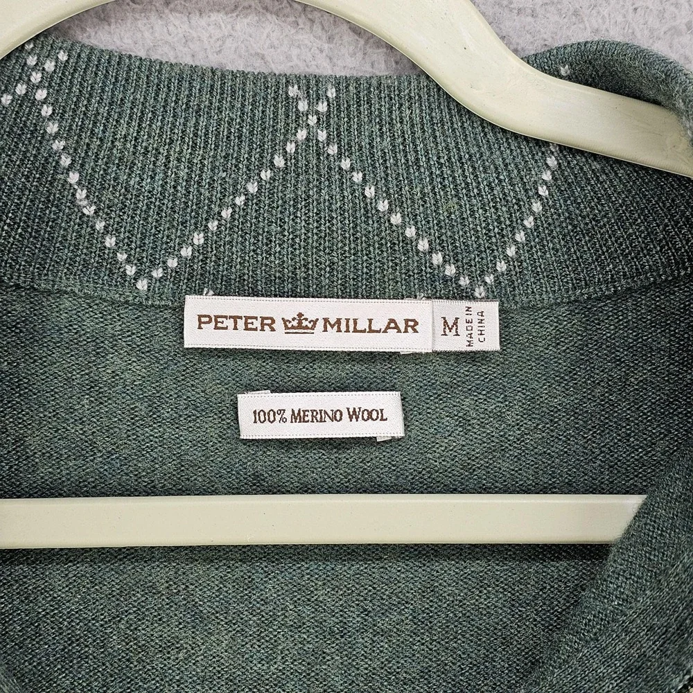 Peter Millar Sweater Mens Medium Green Argyle 1/4 Zip Merino Wool Golf Mock Neck